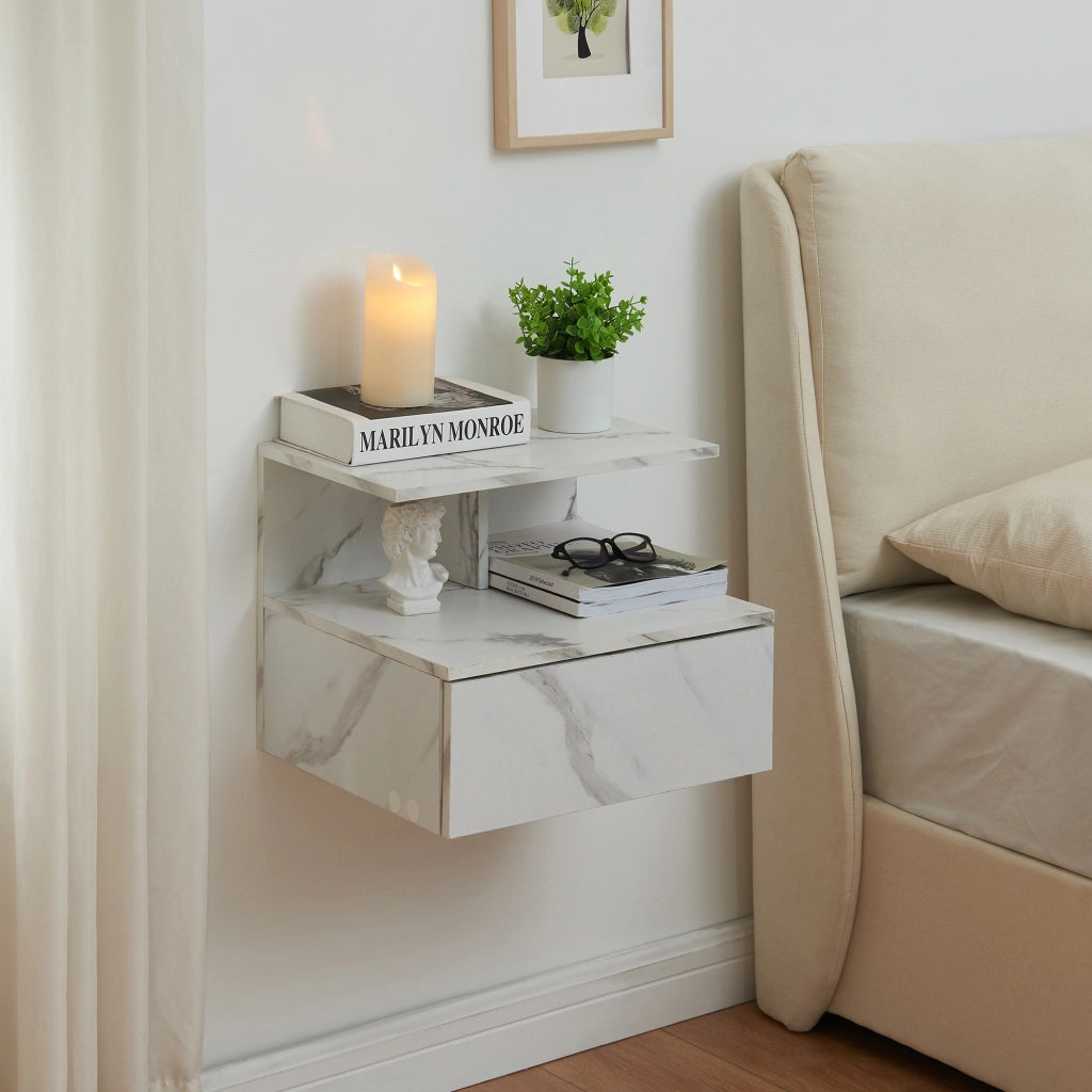 Comodino da Parete Amberg con Cassetto e Ripiani 40x35x31 cm - Effetto Marmo Bianco [en.casa]