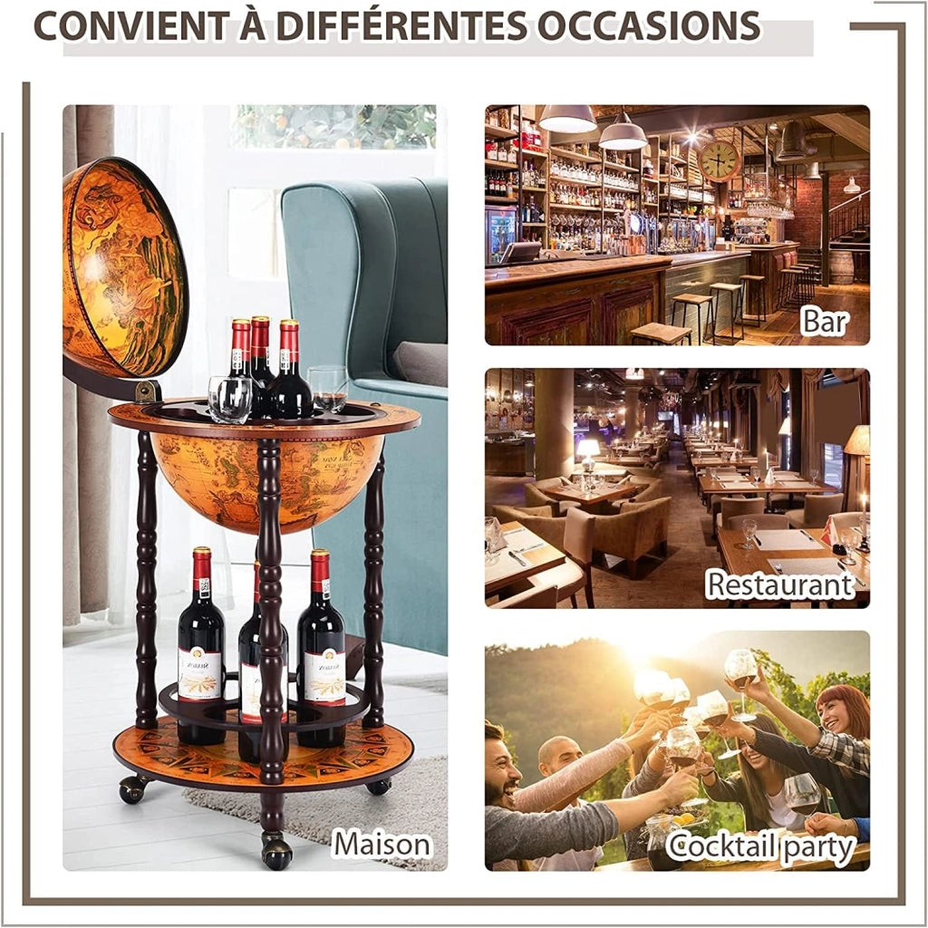 Mappamondo Bar con Ruote Mobile Porta Liquori, con Stile Retrò (Marrone 47 x 47 x 90 cm)