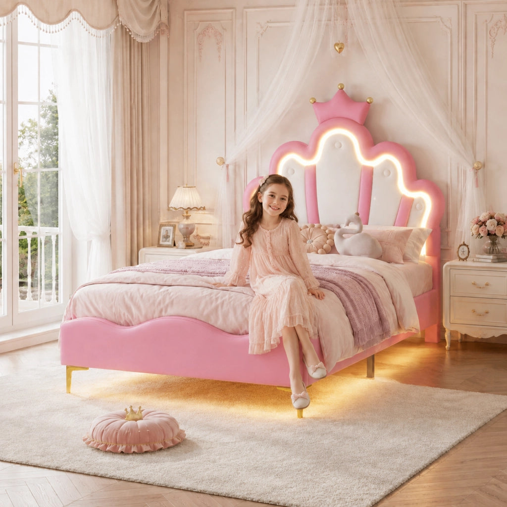 Letto singolo per bambina 90x200 cm ecopelle rosa, testiera a corona con luci LED, illuminazione sotto il letto, gambe dorate, telaio robusto