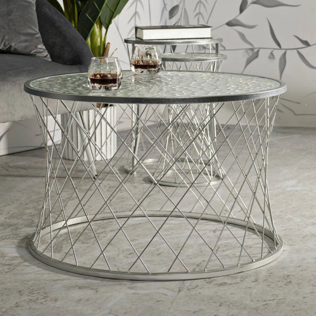 Set di 4 tavolini da salotto Cabiaglio, Tavolo basso da caffè, Portariviste per divano, Ripiano da soggiorno, 70x70 h55 cm, Argento