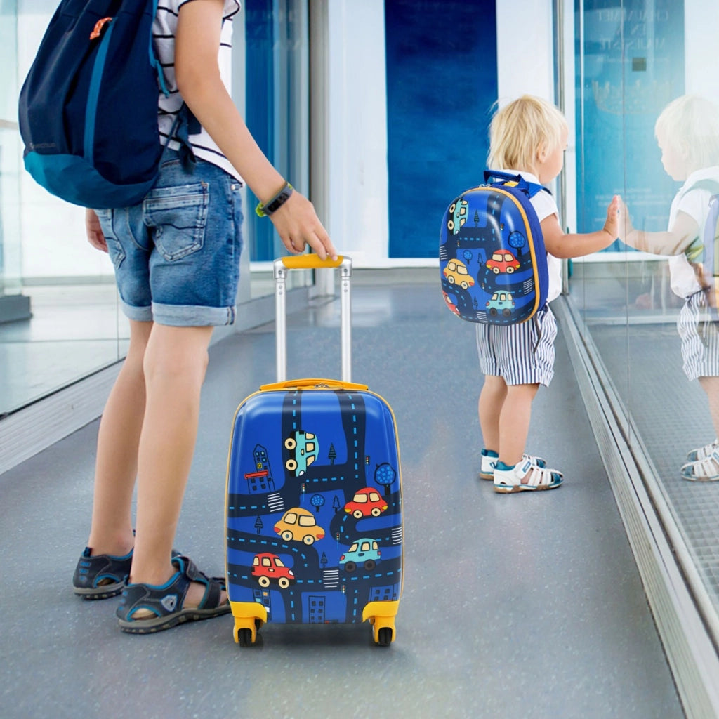 Set valigia rigida 32cm e zaino 24cm con manico retrattile, Set valigia con ruote da viaggio per bambini Blu-Bagagli e borse