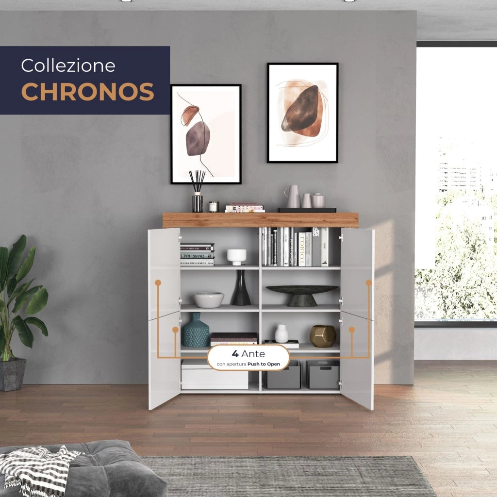 WHOUS Madia Chronos a 4 ante bianco lucido e rovere 140x40x130 cm
