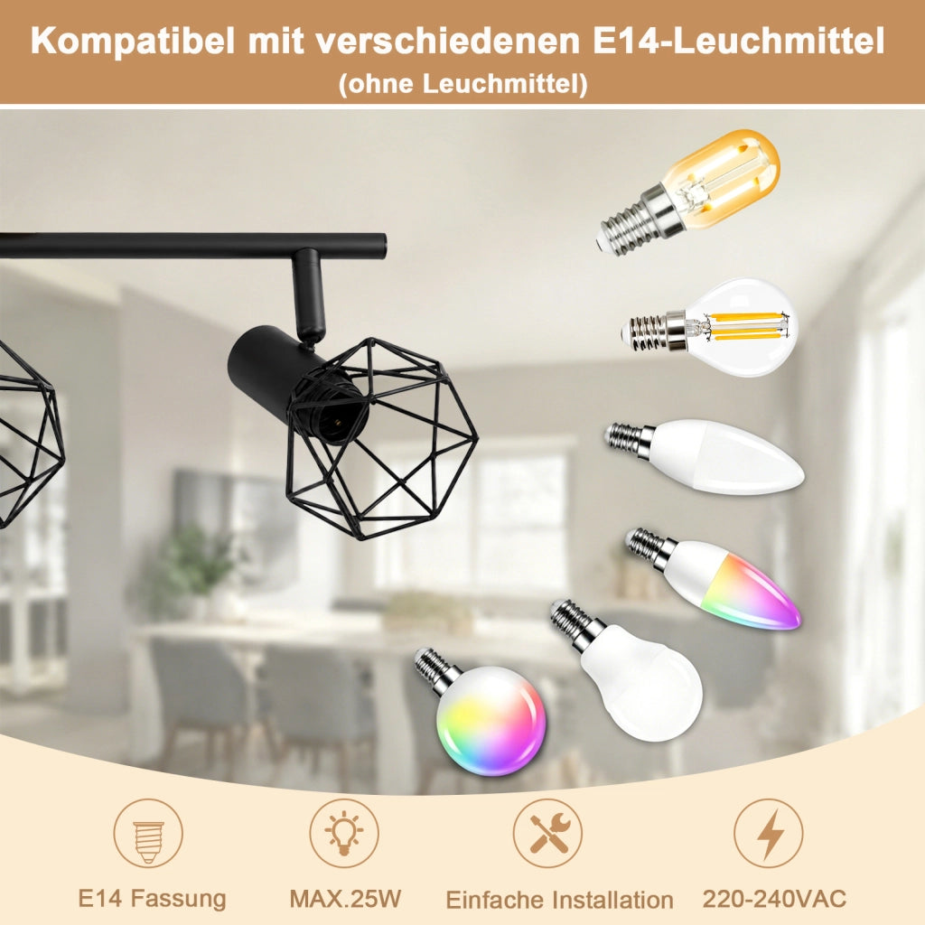 ZMH Faretto da soffitto 4 Luci Nero Legno E14 Vintage Industriale Orientabile 350¡ã per Cucina Soggiorno Senza Lampadina