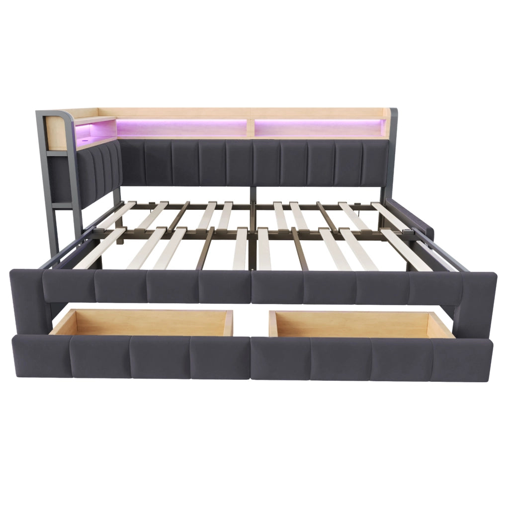 Divano letto 211x105x90 cm trasformabile in letto matrimoniale con cassetti in velluto grigio scuro