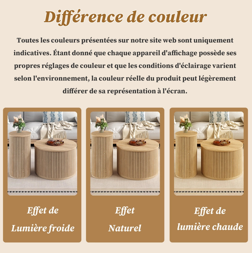 Set di 2 tavolini da caffè rotondi con motivo a strisce verticali; 60x60x38;5 cm e 30x30x56 cm; MDF naturale