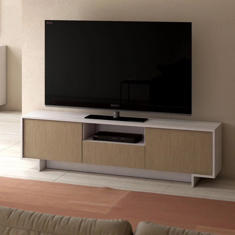 Mobile porta TV Frame 2 ante con cassetto centrale push to open bianco e cannetè chiaro 170x42x48 cm - Terraneo