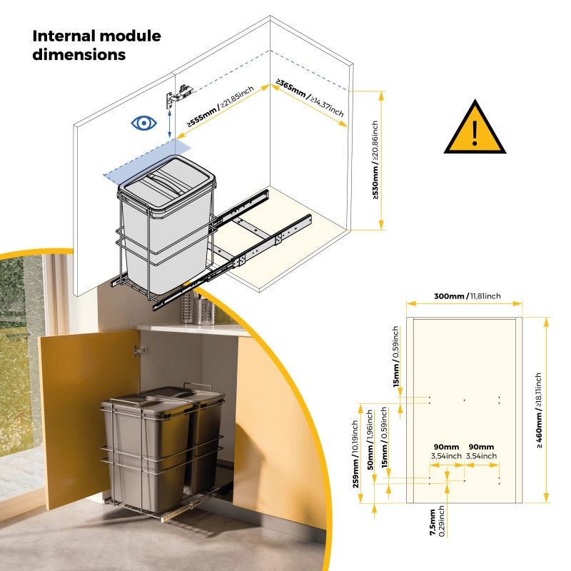 Contenitore per la raccolta differenziata Recycle Inox 2x12lt per il montaggio sul fondo e l'estrazione manuale/automa..