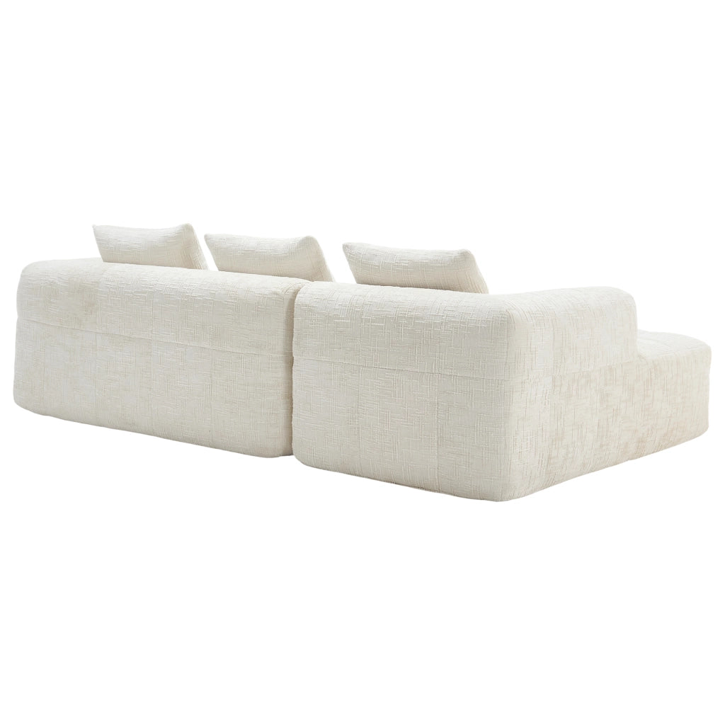 Divano Modulare 3 Posti con Chaise Longue, Tasche laterali e 3 Cuscini, in Ciniglia Beige