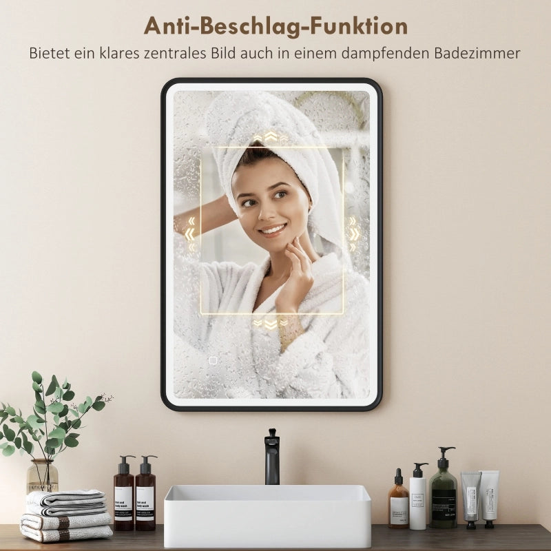 Specchio da bagno a LED 90 x 60 cm, luci, 3 colori, dimmerabile, funzione memoria, orientamento orizzontale e verticale, nero