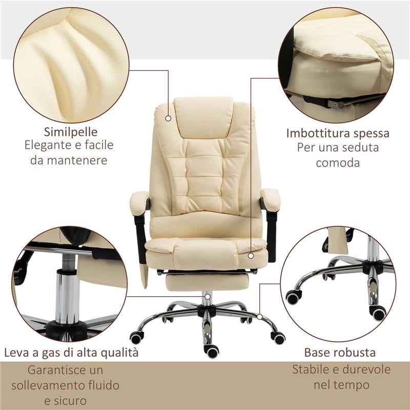 POLTRONA MASSAGGIANTE ERGONOMICA AD ALTEZZA REGOLABILE CON 6 PUNTI VIBRANTI, 65X160X104 CM, CREMA