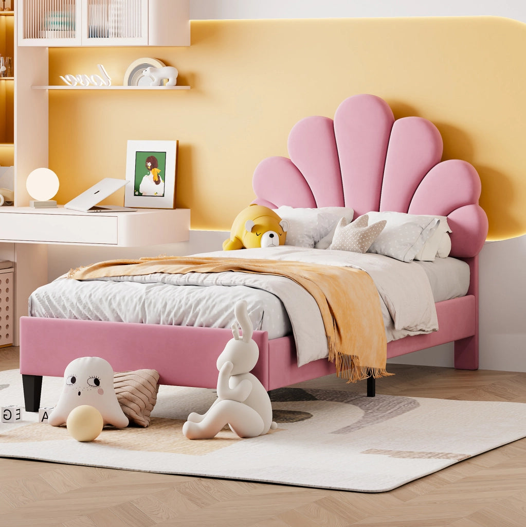 Letto imbottito 90x200 cm rosa con testiera a fiore e rete
