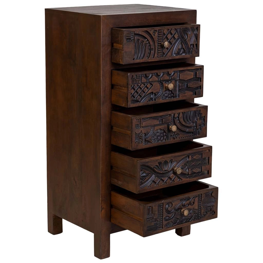 Cassettiera in legno marrone intagliato a mano, 45x40x100h cm