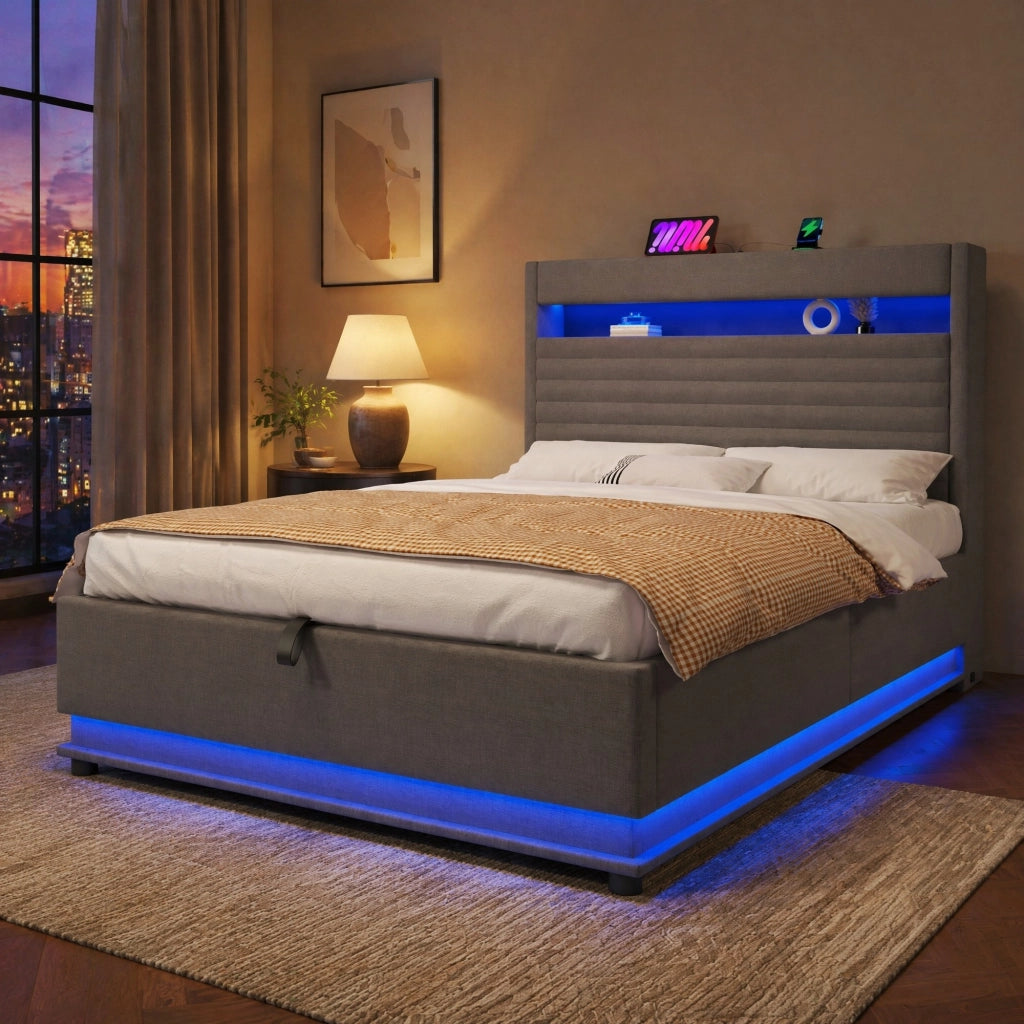 DESMIU Lit con contenitore 140 × 200 cm 2 posti con USB, Type-C, LED regolabile e senza materasso, in lino, grigio