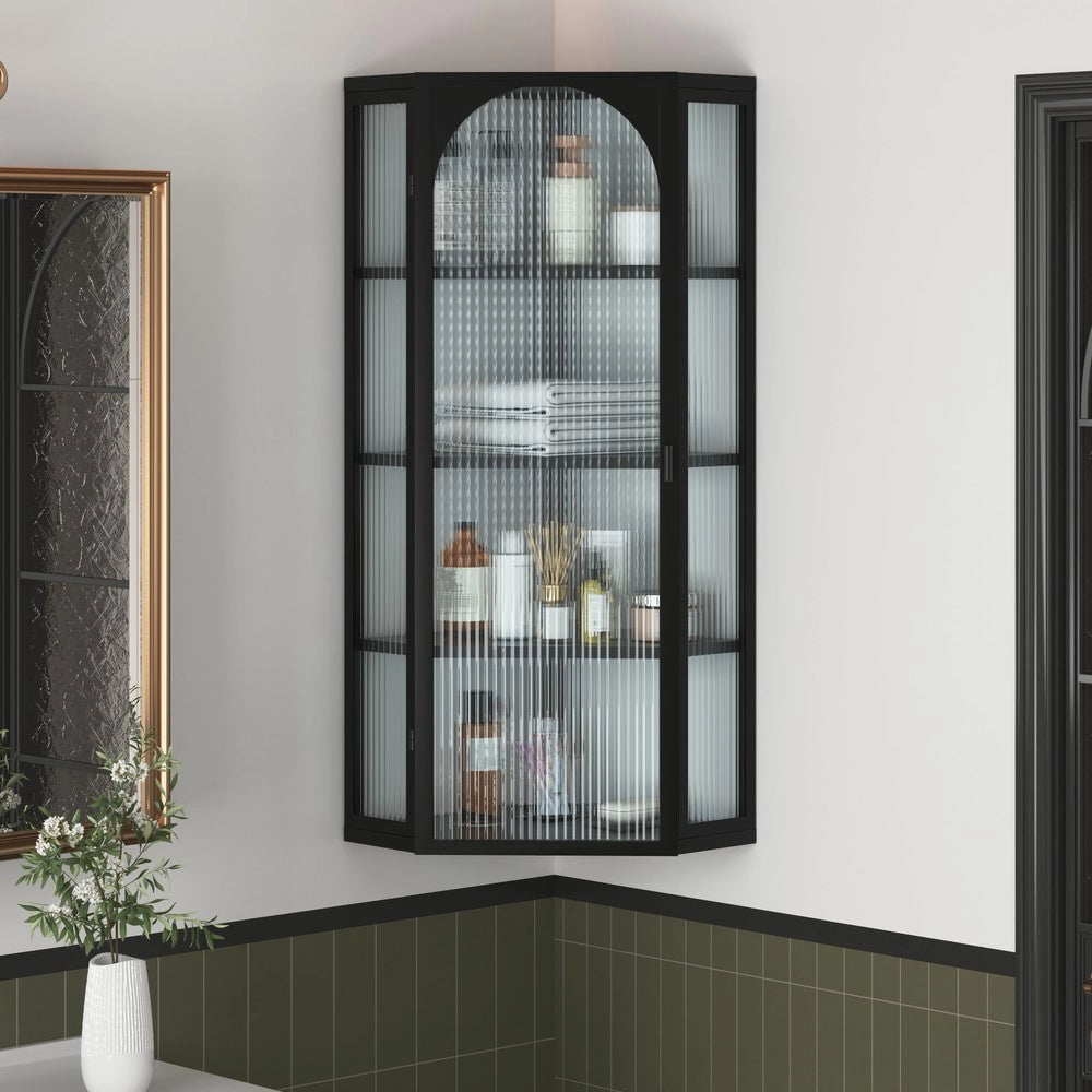 Armadietto a parete angolare ¨C Minimal ¨C nero, vetro trasparente, 4 ripiani, 105cm, per cucina e bagno