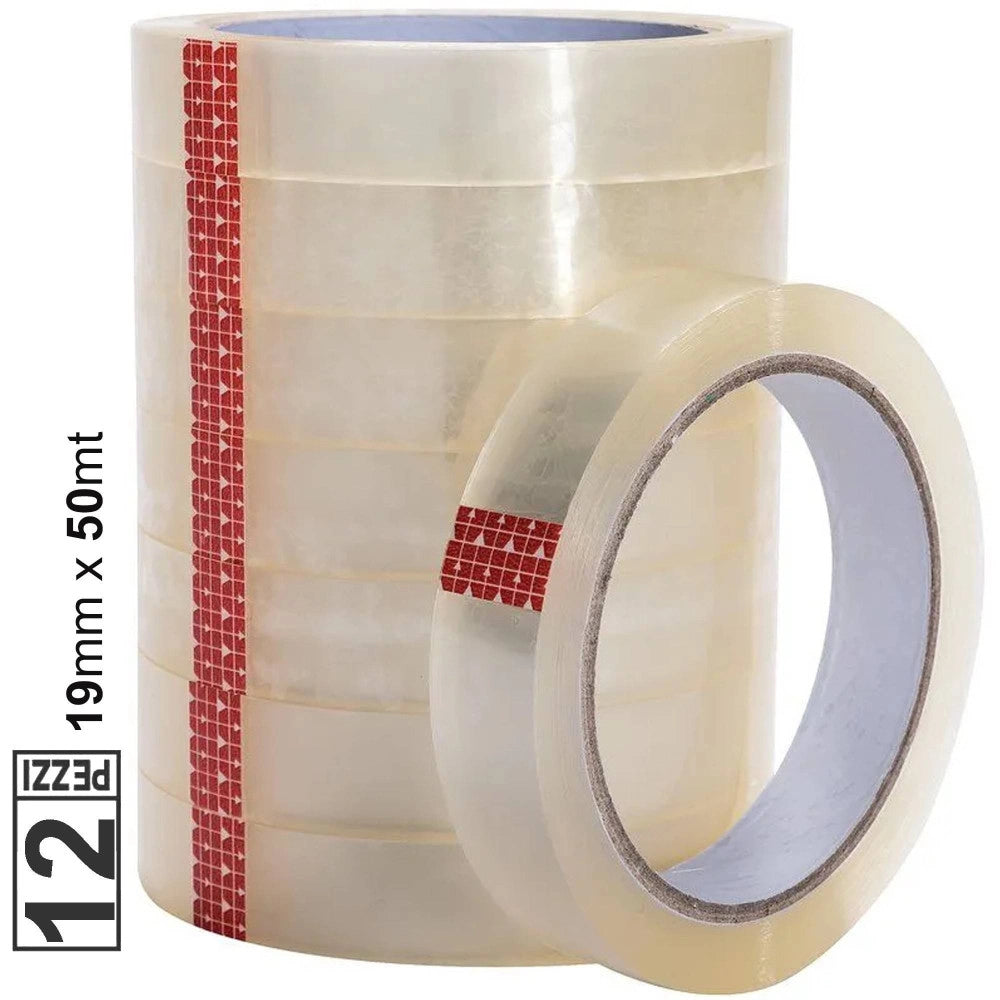 Trade Shop - Set 12 Pz Rotolo Nastro Adesivo Trasparente 19mm X 50mt Per Ufficio Silenzioso -