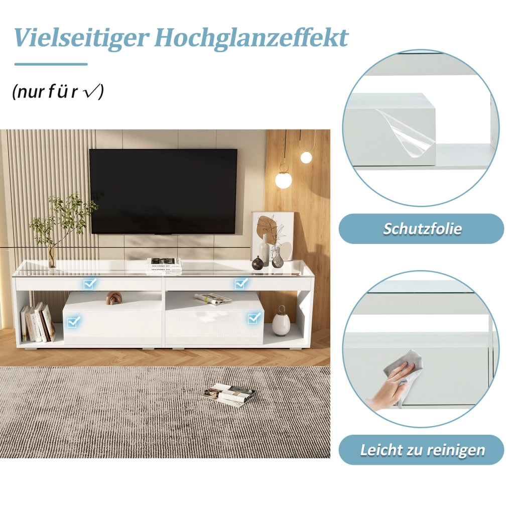 Mobile TV LED lucido bianco 180x40x46 cm con 2 cassetti