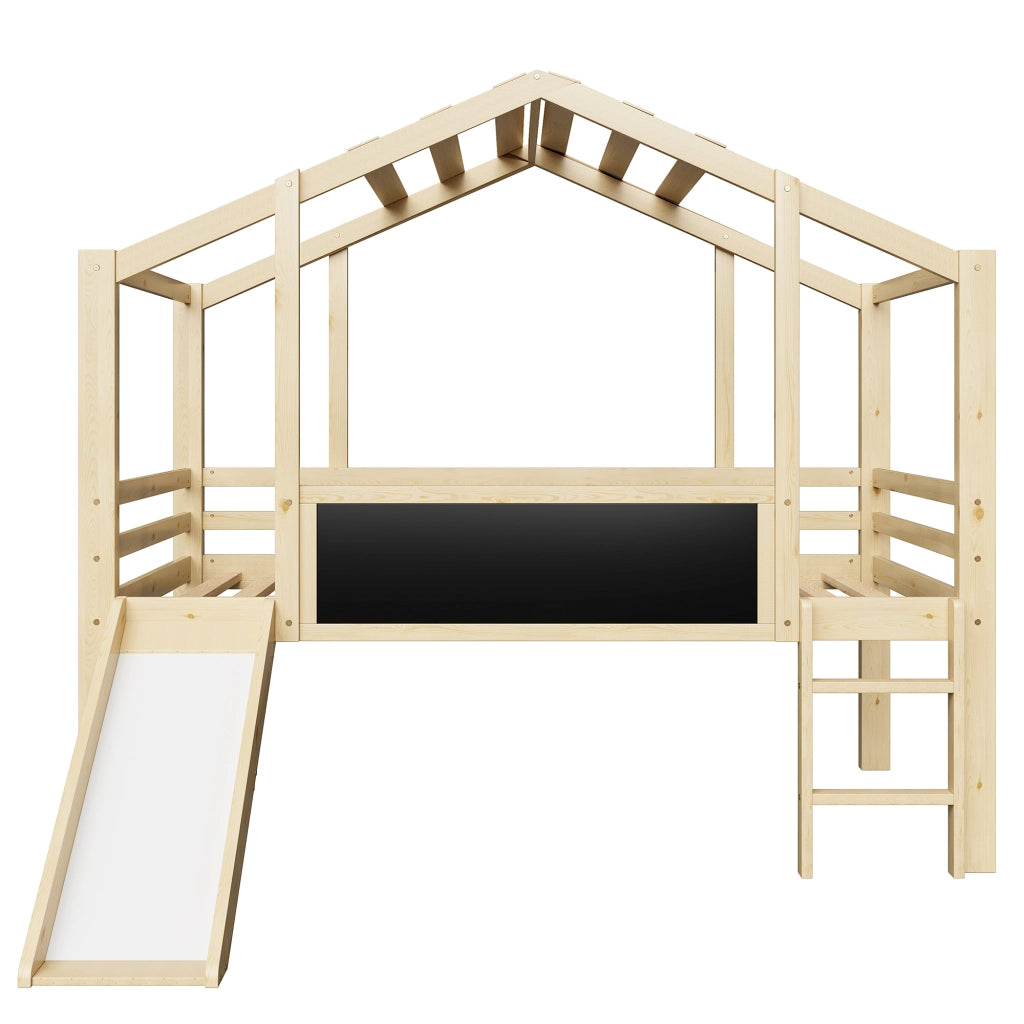 LETTO a soppalco 90x200 cm in legno naturale con scivolo, scala e lavagna