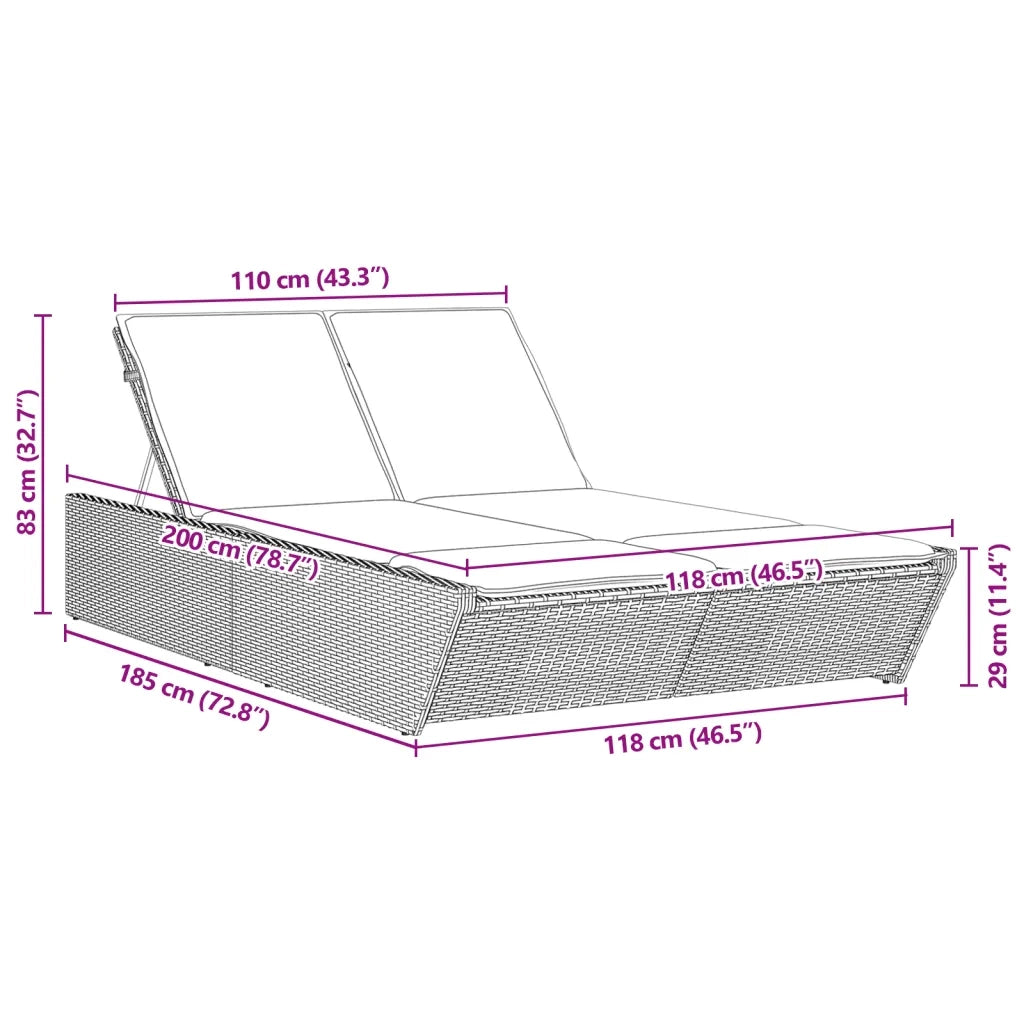 Lettino Prendisole | Sdraio da giardino | Lettino da sole Doppio con Cuscini Grigio in Polyrattan
