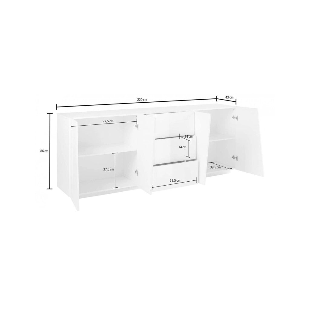 Credenza moderna a 4 ante e 3 Ayrton, Made in Italy, Madia da cucina, Buffet di design da soggiorno, cm 220x43h86, Bianco lucido