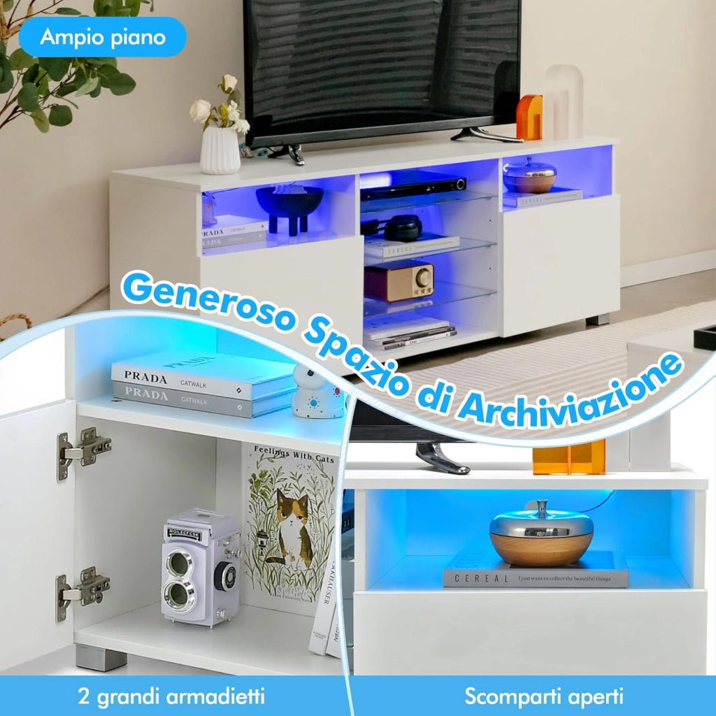 Mobile Porta TV con Luci, Mobile TV per Televisione Fino a 65", Tavolino Multifunzionale da Soggiorno, con Ripiani in Vetro Regolabili, Mobiletto Porta TV a 2 Porte, 146 x 35 x 53 cm