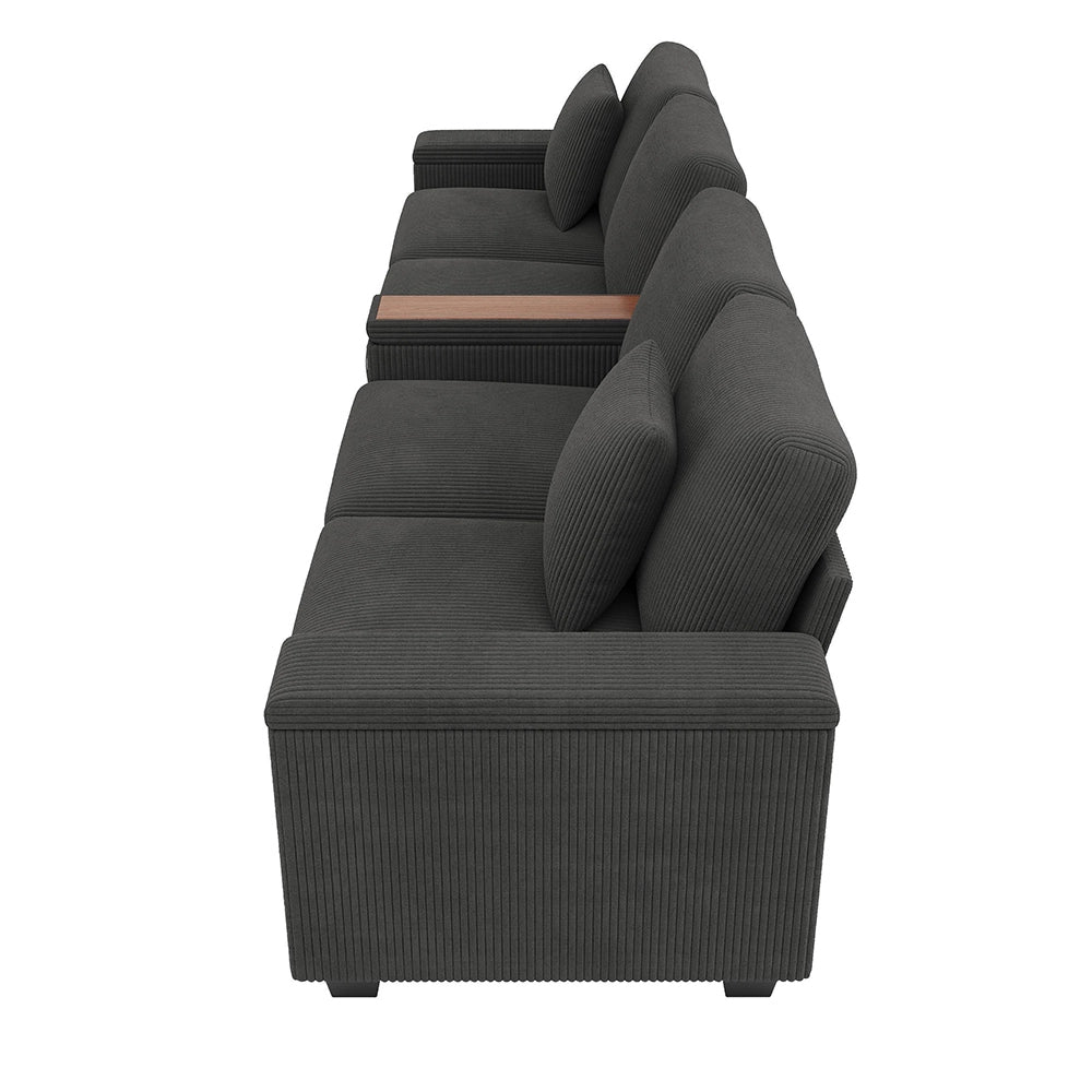 Divano moderno 4 posti - Xylo - Grigio - Tessuto peluche, funzione ricarica USB/USB-C, bracciolo centrale ribaltabile con vano