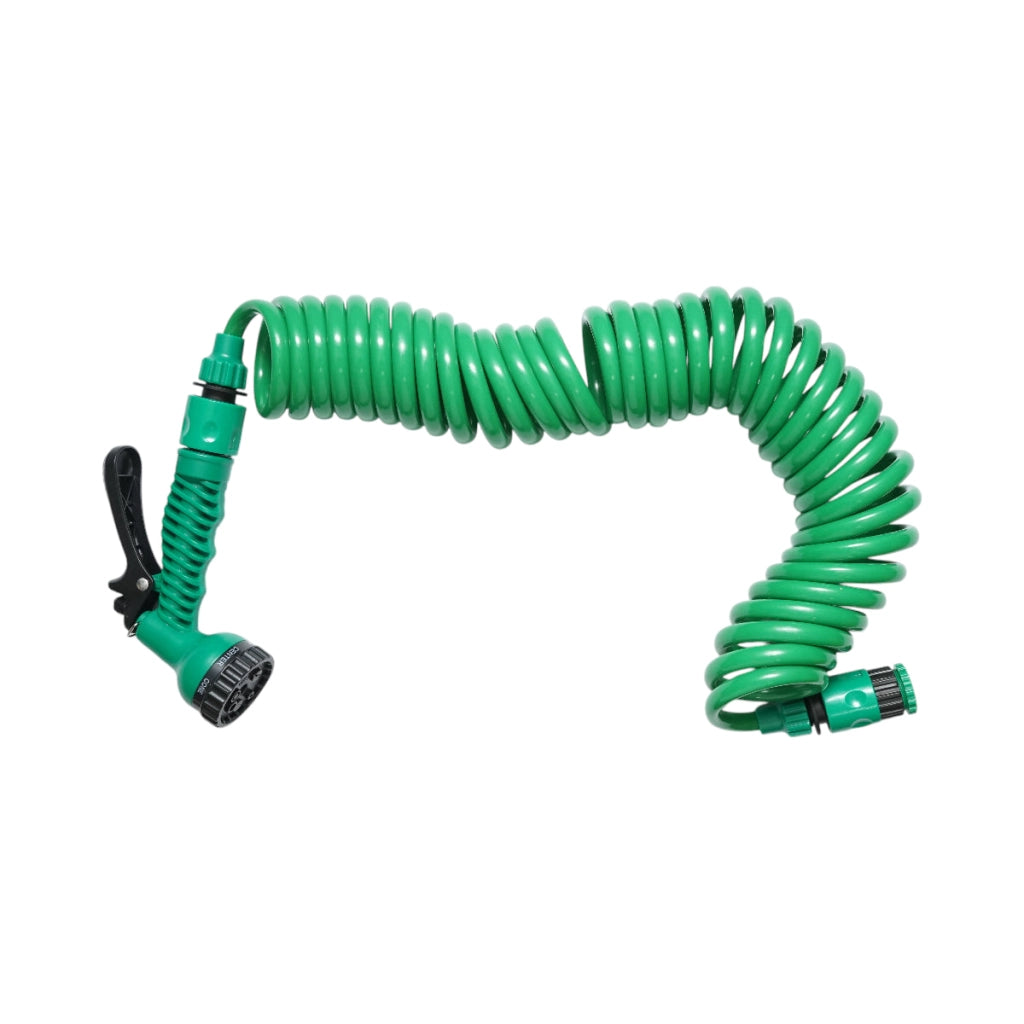 Tubo da giardino spirale estensibile 7.5 m con pistola regolabile a 7 funzioni, adattatore 3/4 e raccordo rapido 1/2