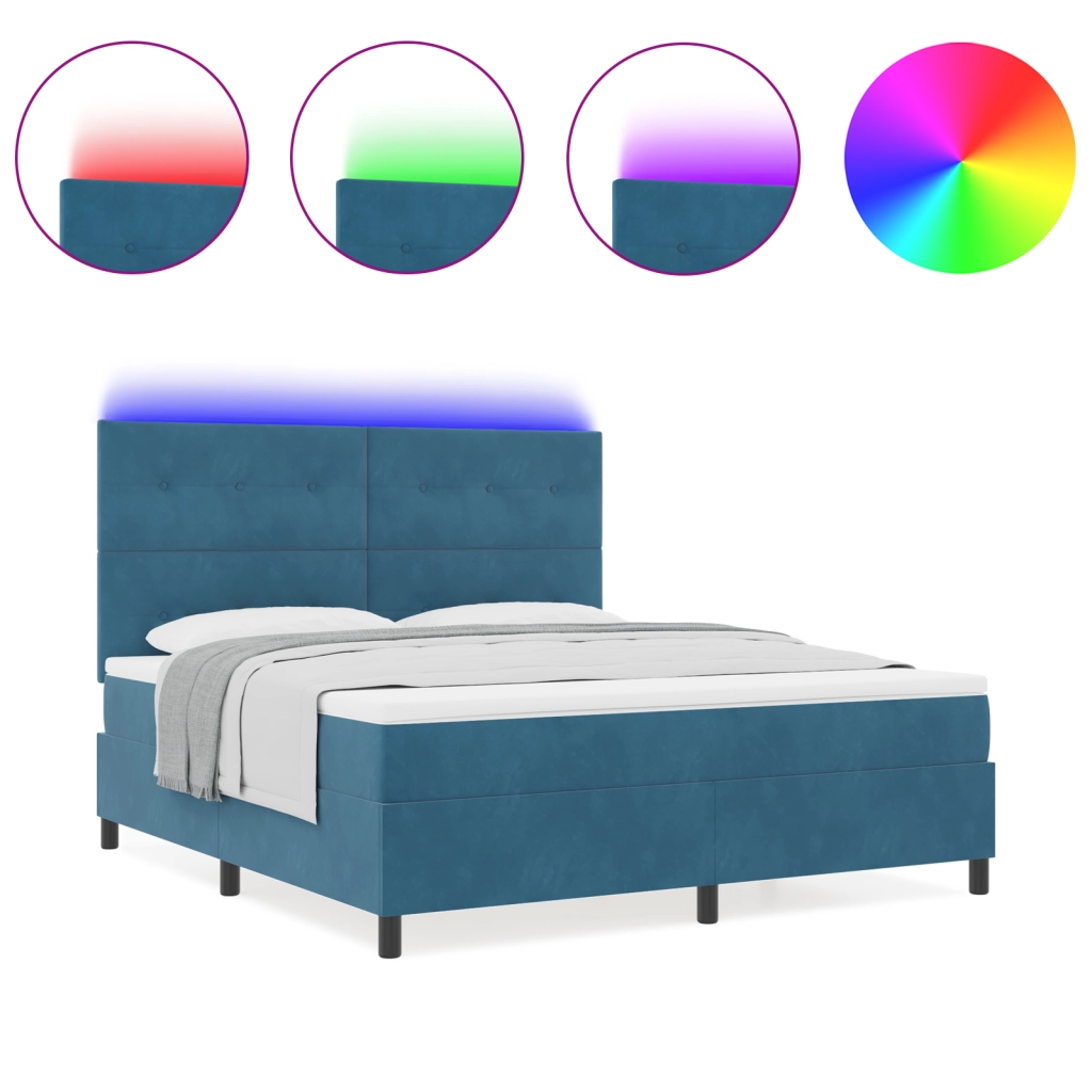Letto Box Spring con Materasso e LED Blu Scuro 180x200 cm Velluto