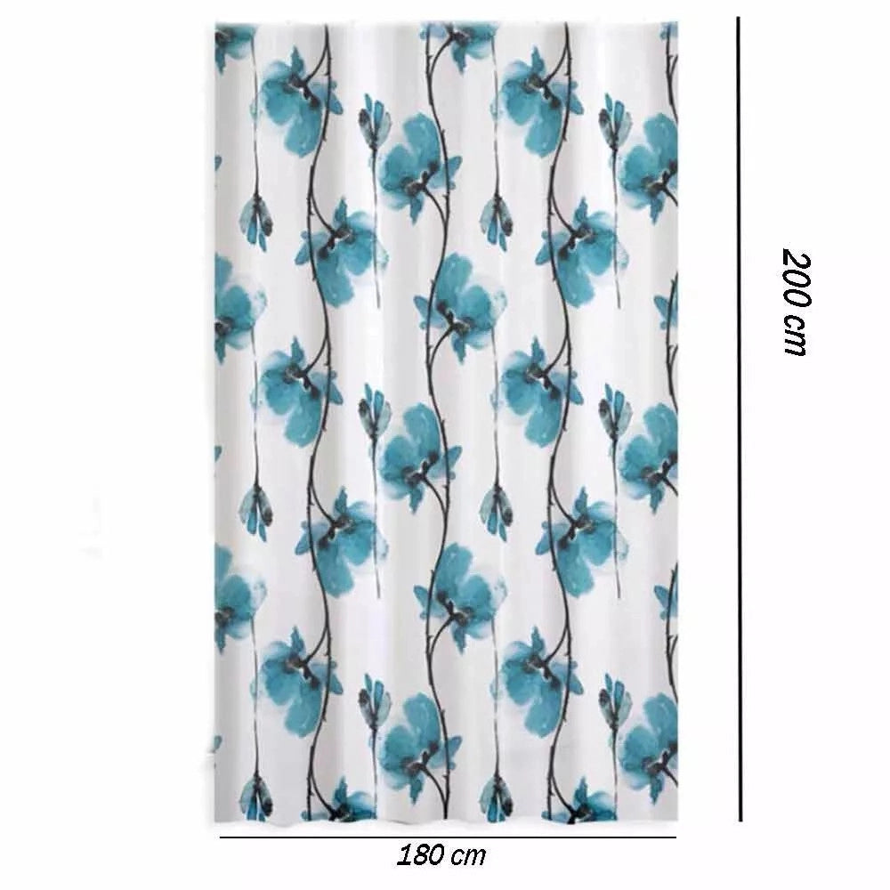 Trade Shop - Tenda Doccia Vasca Impermeabile 12 Ganci Decorazione Fiori Blu 180x200 Cm 79224 -