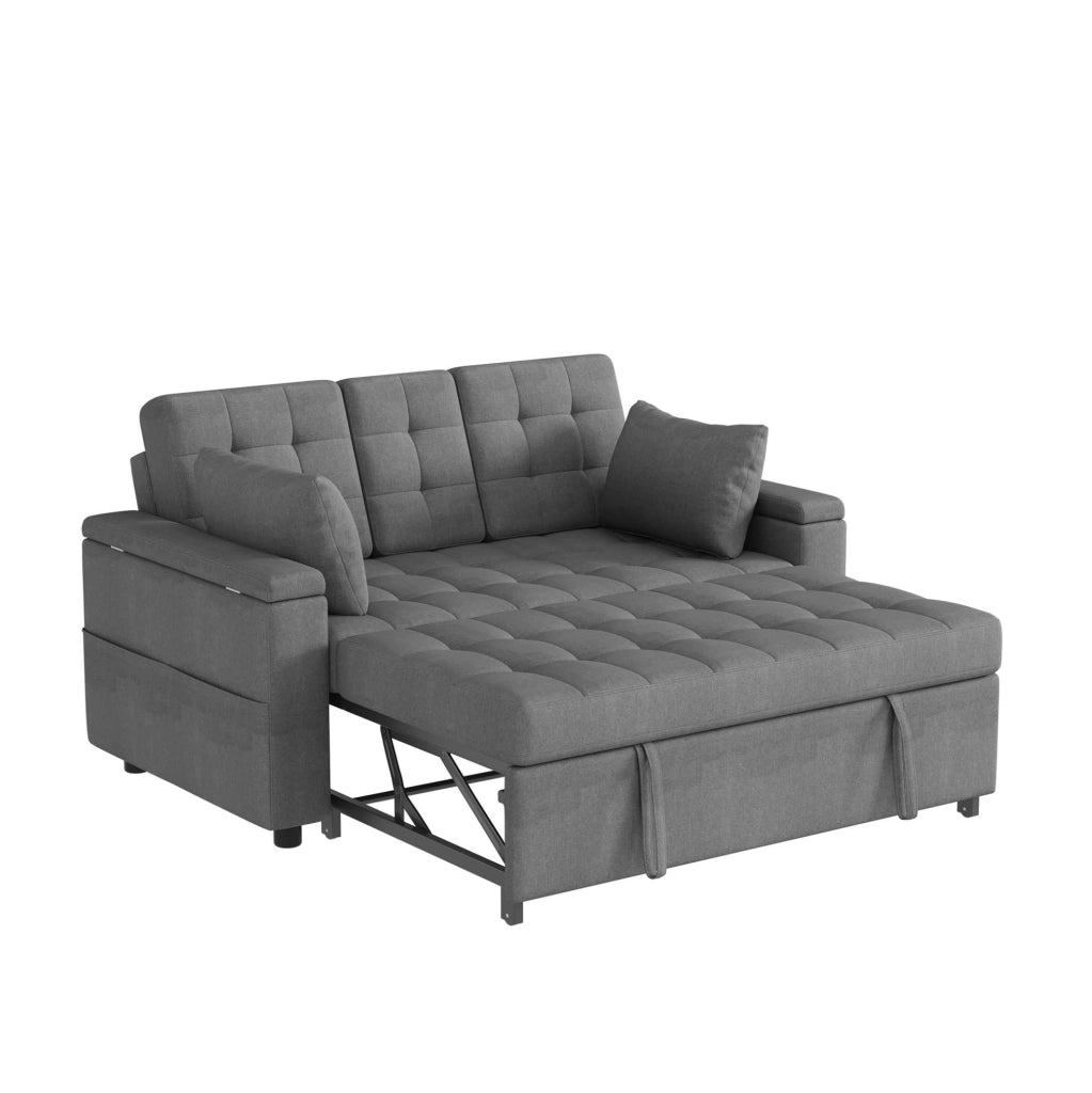Divano letto a 2 posti con schienale regolabile; contenitori laterali; 2 cuscini; grigio