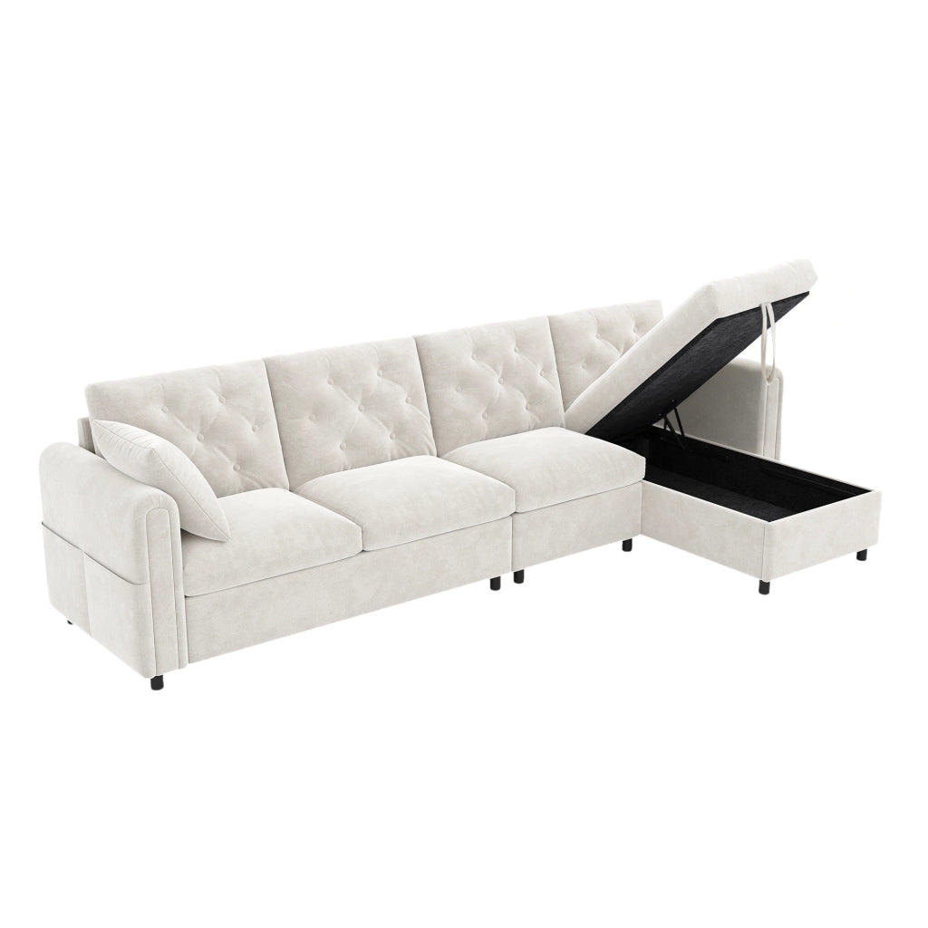Divano angolare in velluto con funzione letto, contenitore laterale e chaise longue reversibile, beige, 281¡Á132¡Á86 cm