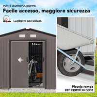 Casetta da Giardino 322x277x192 cm con 2 Porte Scorrevoli e 4 Prese d'Aria in Acciaio Marrone