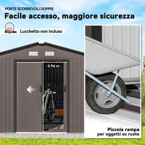 Casetta da Giardino 322x277x192 cm con 2 Porte Scorrevoli e 4 Prese d'Aria in Acciaio Marrone
