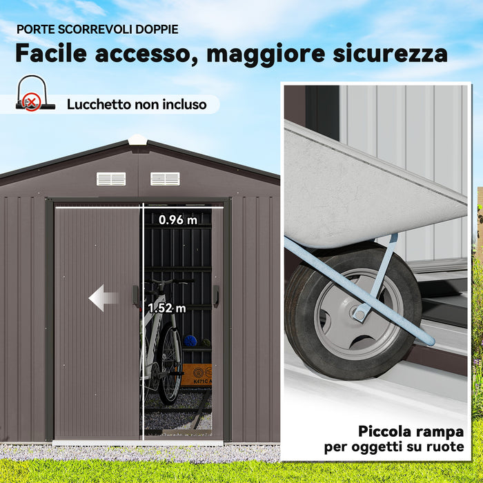 Casetta da Giardino 322x277x192 cm con 2 Porte Scorrevoli e 4 Prese d'Aria in Acciaio Marrone