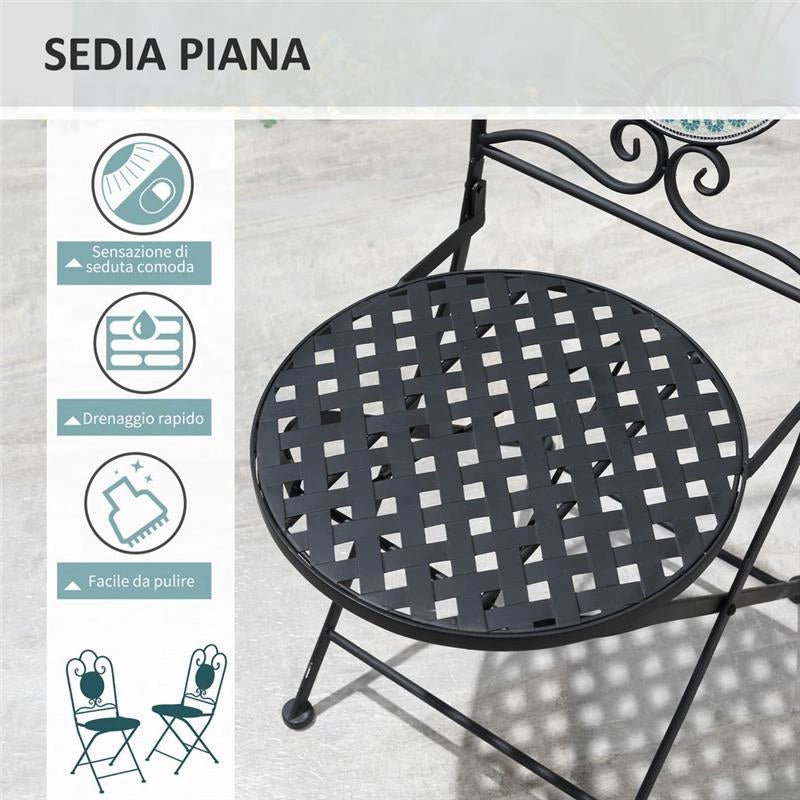 SET DA GIARDINO CON 2 SEDIE PIEGHEVOLI E TAVOLINO A MOSAICO VERDE E GIALLO