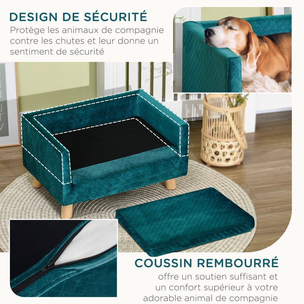 Letto per cane design scandinavo ¨C Xylo ¨C velluto blu con cuscino e piedini in legno massello 64x45x36 cm