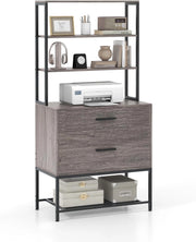 Scaffale Porta Stampante, Suppoto per Stampante in Legno con 4 Ripiani e 2 Cassetti, per Soggiorno, Ufficio e Studio, 75 x 40 x 156 cm (Grigio)