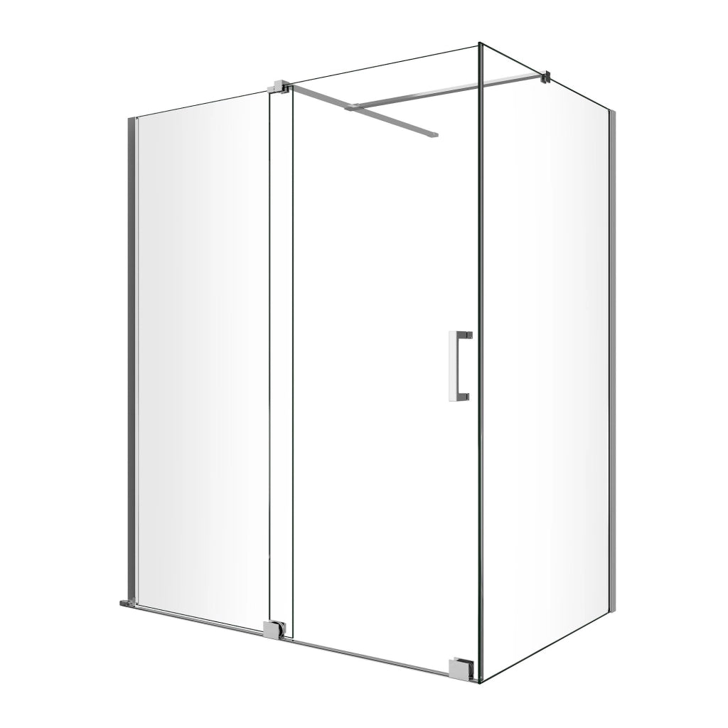 Box Doccia Angolare Con Pannello Fisso Laterale E Porta Frontale Scorrevole Senza Telaio H 200 Cromo Trasparente Cm 70 (68-70) x 140 (136-141)