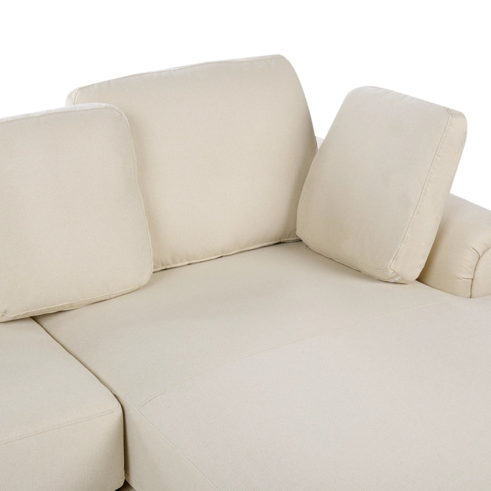 Divano moderno ad angolo con gambe in plastica in tessuto beige chiaro lato sinistro