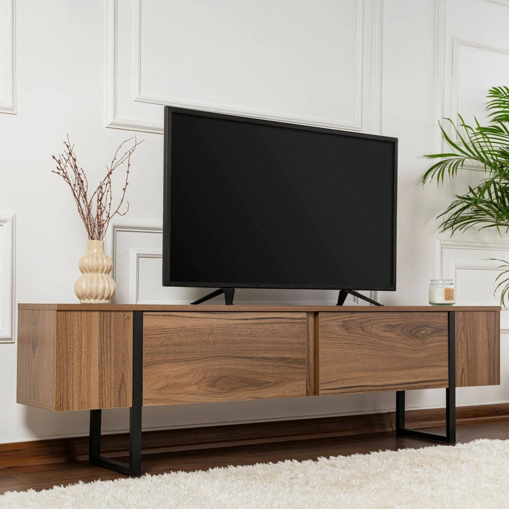 Mobile porta TV Tarquin, Credenza da soggiorno, Armadio basso per TV, Base parete attrezzata, 180x30 h50 cm, Noce e Nero