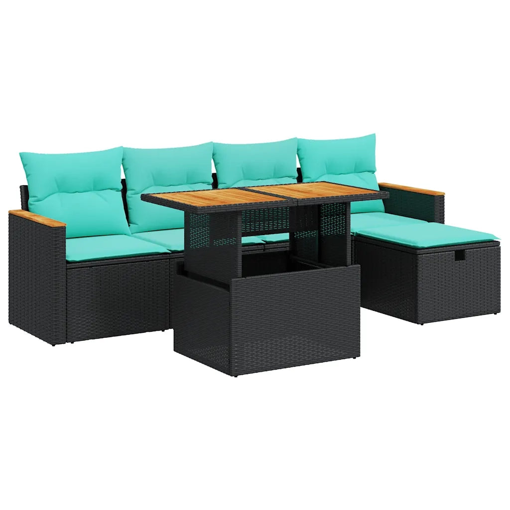 Set Divano da Giardino 6 pz con Cuscini Nero Polyrattan Acacia