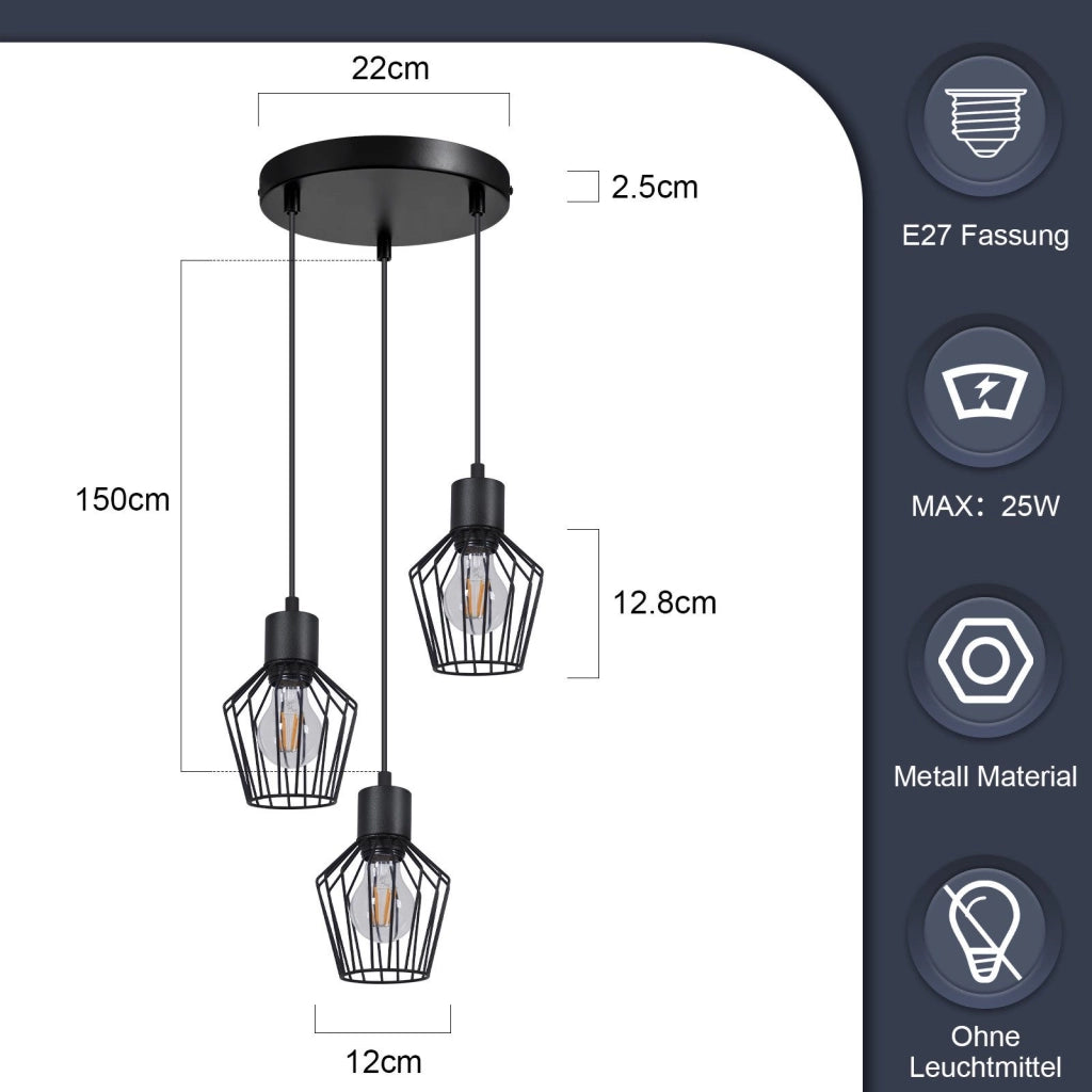 Lampada a sospensione ZMH rotonda a 3 lampadine LED nera E27 retr¨° in metallo