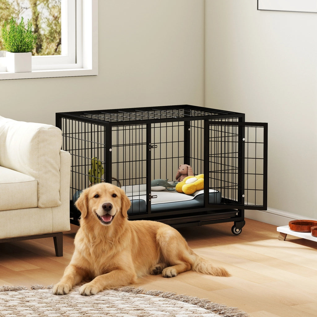 Gabbia per Cani in Metallo con Ruote e Freni ¨C Xylo ¨C Vassoio Estraibile 92x62x75 cm Nero