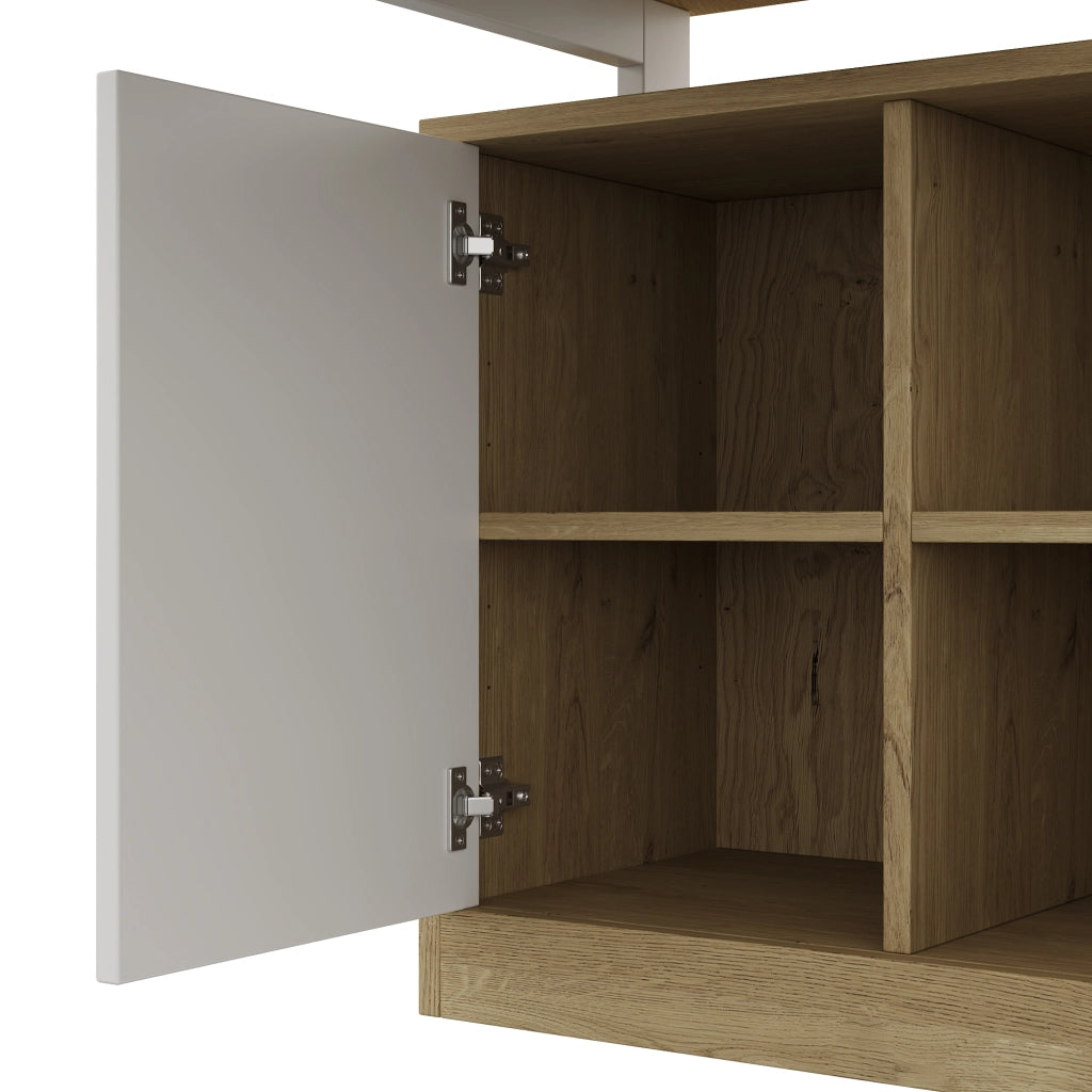 Scrivania angolare 152 x 113.5 x 76 cm, scrivania a L, 2 cassetti, ripiani regolabili, colore legno naturale e bianco