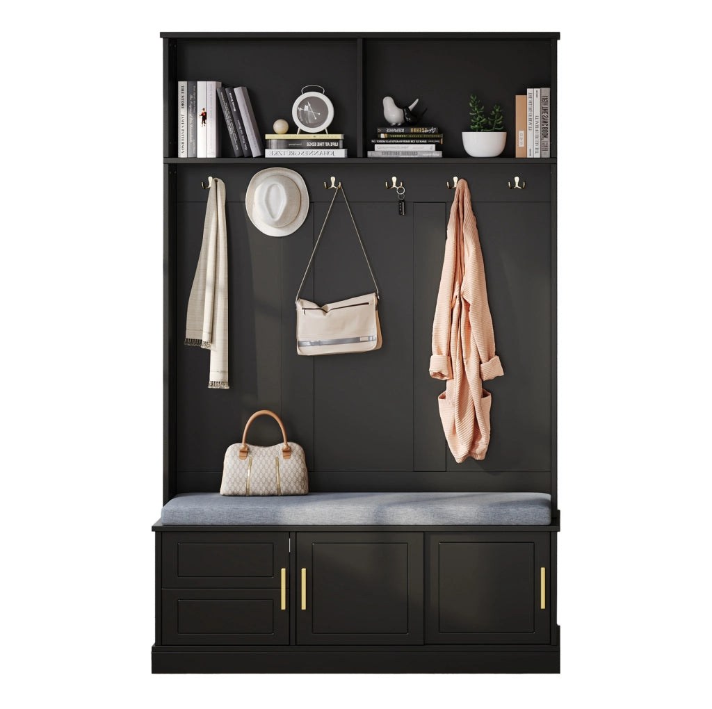 Appendiabiti da ingresso con panca e scarpiera, nero, 120×40×191 cm