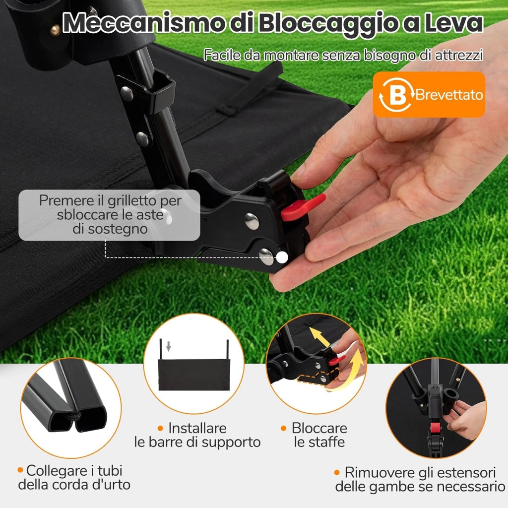 2-in-1 Brandina da Campeggio, Letto Pieghevole e Portatile con Estensori per Gambe, Tasca Laterale e Borsa da Trasporto, Lettino Regolabile in Altezza per Viaggio e Spiaggia, Portata 15 kg