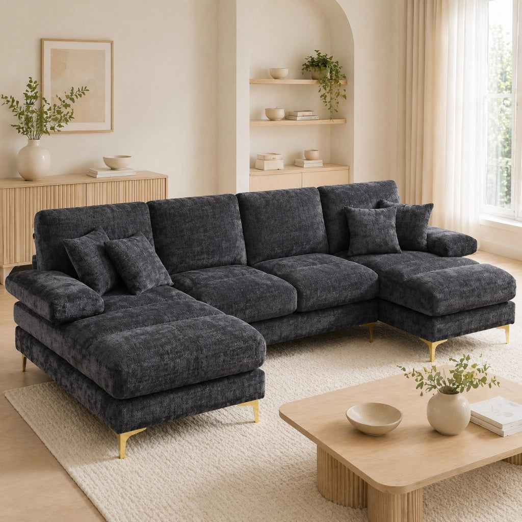 Divano sezionale U a 3 posti in chenille grigio con doppia chaise longue, piedi in metallo oro, 272x136x88 cm