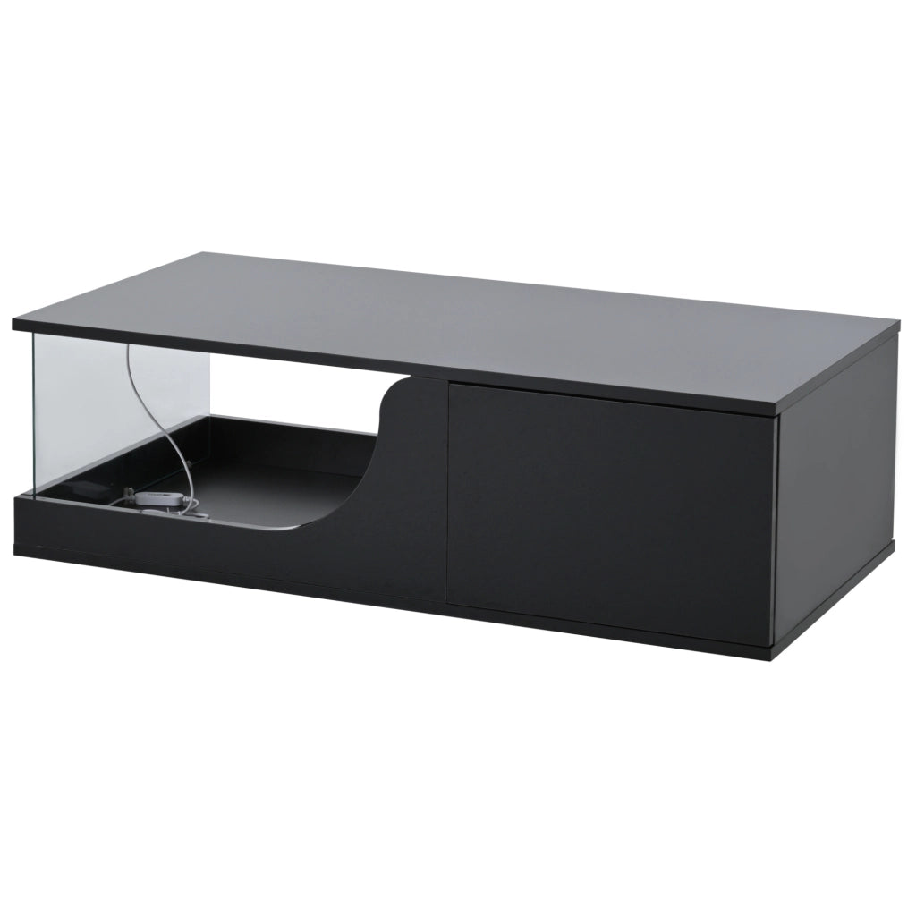 Tavolino nero 100x50x30 cm con 2 cassetti, LED USB e vetro temperato, MDF,
