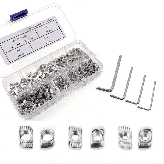 T-Slot Mole M3/M4/M5 - 180 pezzi - Acciaio inossidabile - Compreso contenitore di conservazione - 4 chiavi a lama - Facile da installare