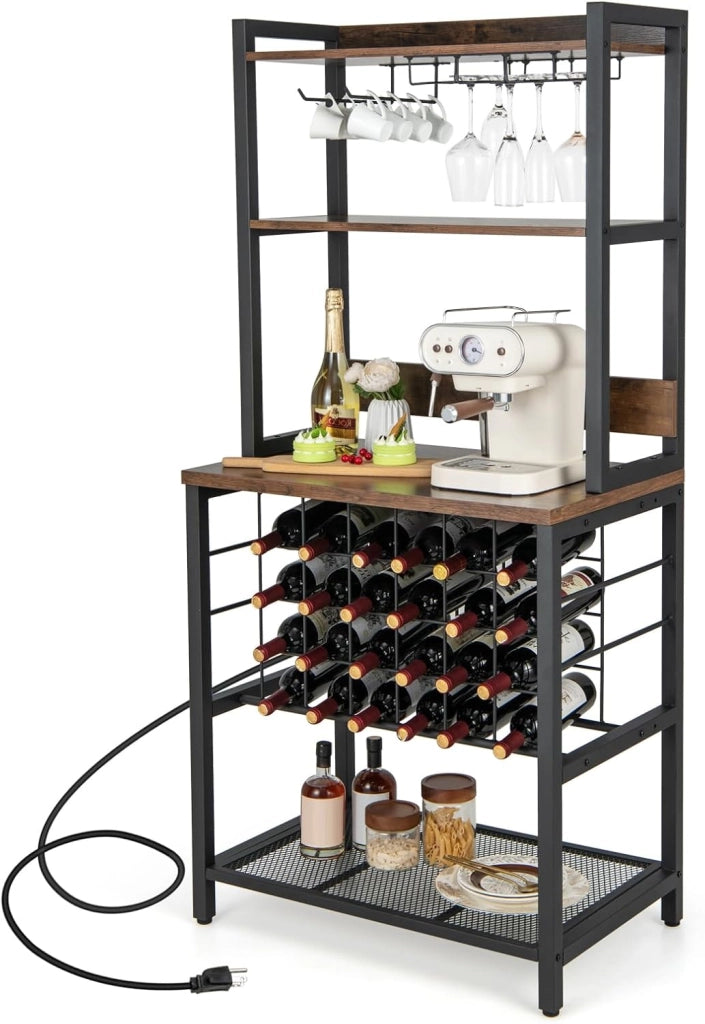 Scaffale Da Cucina Con Prese e Porte Usb, Armadietto Per Vino Con Supporto In Vetro Per 24 Bottiglie e 9 Bicchieri, Scaffale a 4 Livelli, 76 x 48 x 163 cm