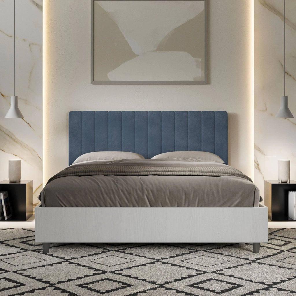 Letto matrimoniale senza rete 160x190 bianco frassino testata microfibra azzurro Kaia